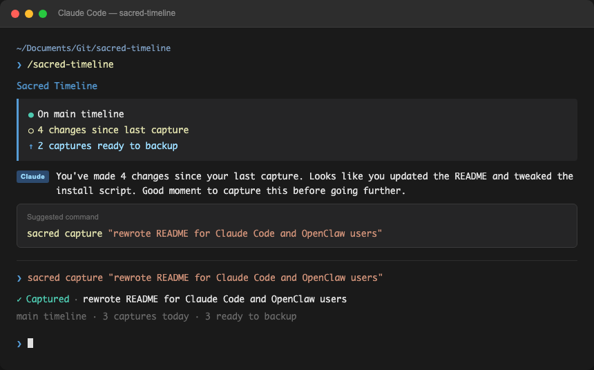 Sacred Timeline running in Claude Code